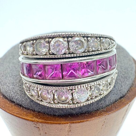 Sterling Silver Princess Cut Pink CZ Band Hinged Reversible CZ Guard Bands 5.75 - Picture 2 of 13
